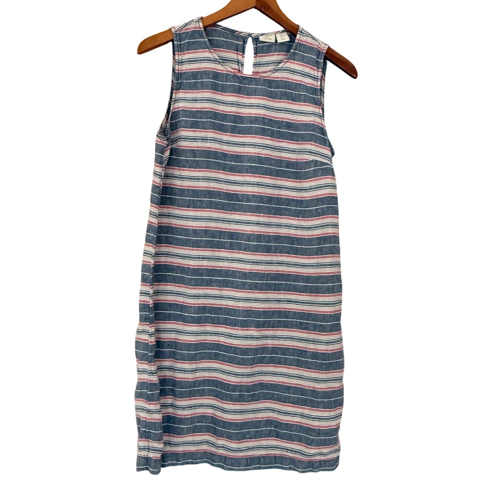 St. Tropez West 100% Linen Striped Sleeveless Shift Dress Blue Red Women's 6 EUC